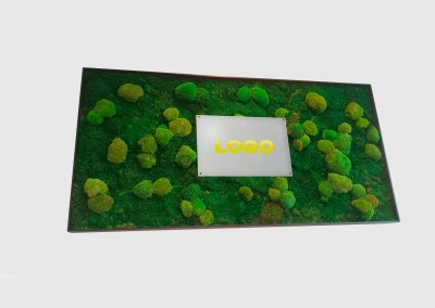Moosbild von Mission Green GmbH mit integriertem Firmenlogo auf konserviertem Kugel- und Flachmoos zur modernen Wandgestaltung im Innenraum.